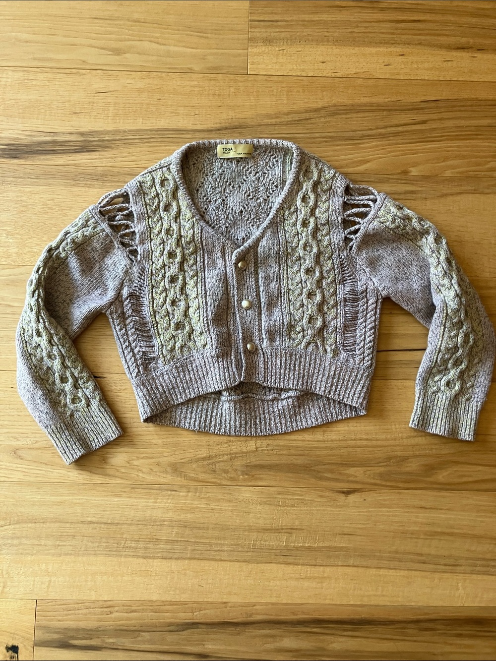 TOGA Pulla Lavender and Yellow Cable-Knit Cropped Cardigan